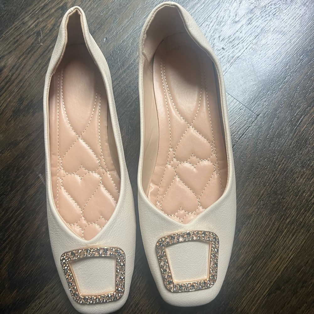 NEW Cream Women's Flats with Embellished Buckle and Square Toe